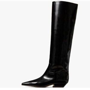 miss left Women Closed Square Toe Knee High Boot Wide Calf Low Chunky Heel Black